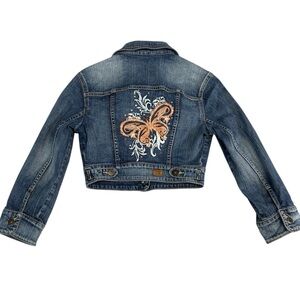 Guess Cropped Y2K Denim Jacket Women S Blue Embroidered Butterfly Stretch Jean